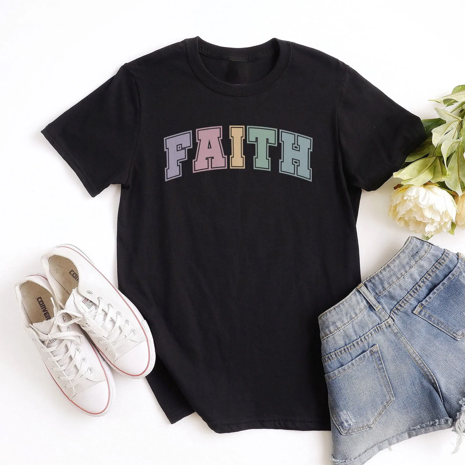 Faith Block Pastel Tee Shirts For Women - Christian Easter T Shirts