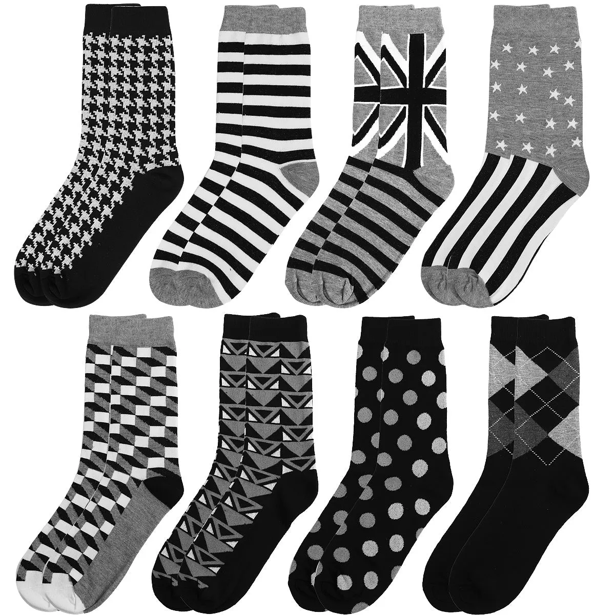 Falari Men 8 Pairs Black Grey White Novelty Crazy Combed Casual Dress Socks