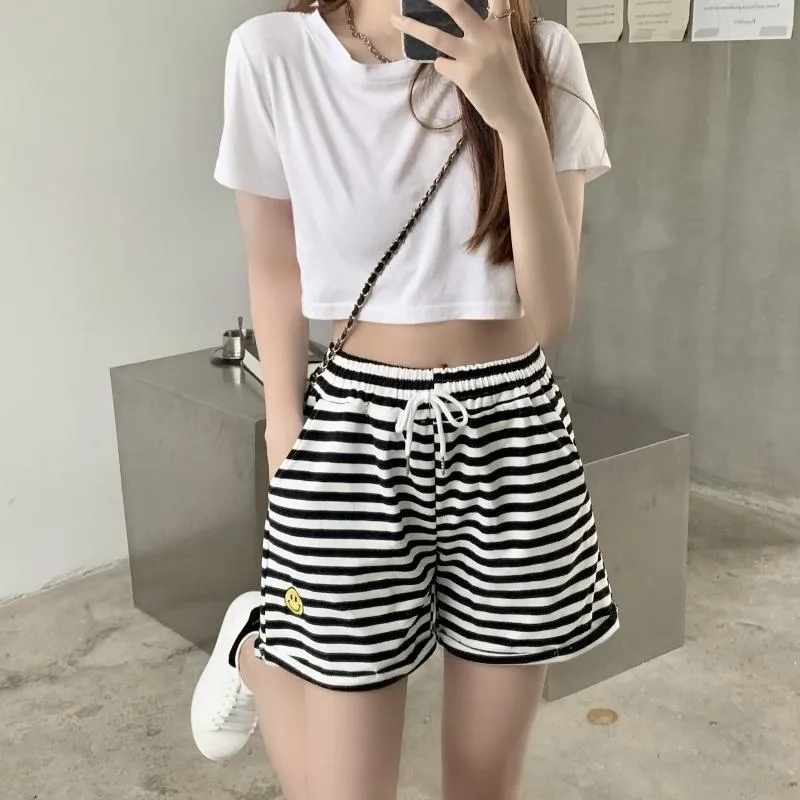 Faux Cotton Embroidery Stripe Shorts