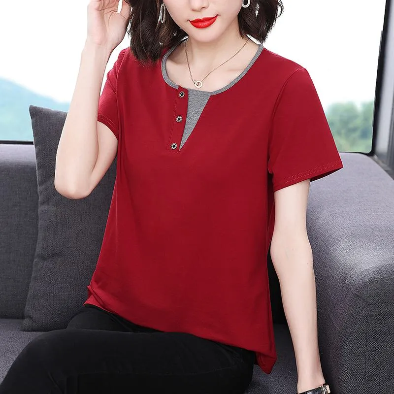 Faux Two-Piece Anti-Aging Loose Fit Pure Cotton Notched Neck Short Sleeve Tee