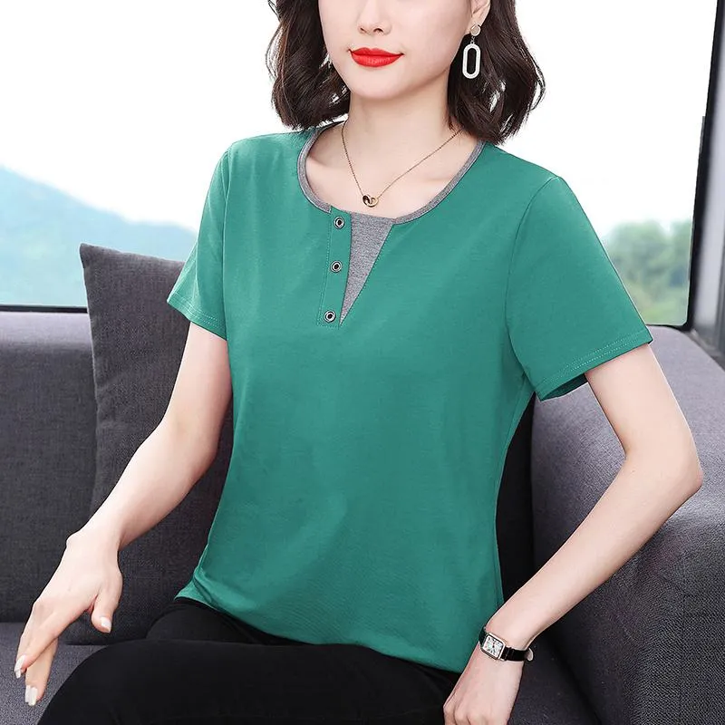 Faux Two-Piece Anti-Aging Loose Fit Pure Cotton Notched Neck Short Sleeve Tee