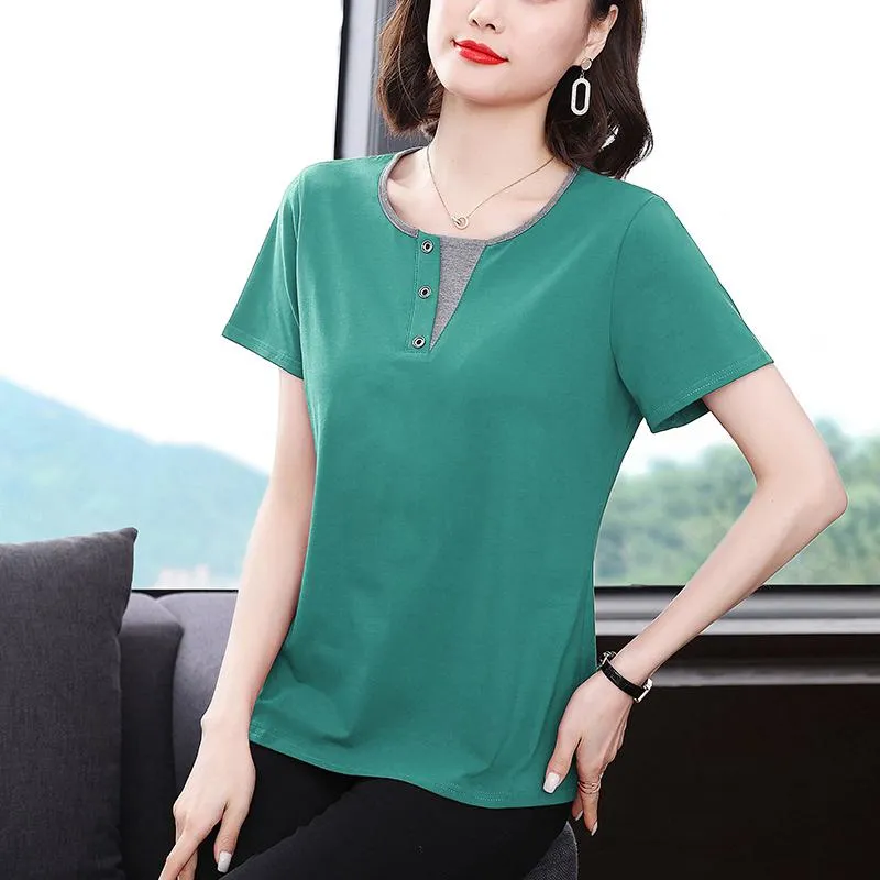 Faux Two-Piece Anti-Aging Loose Fit Pure Cotton Notched Neck Short Sleeve Tee