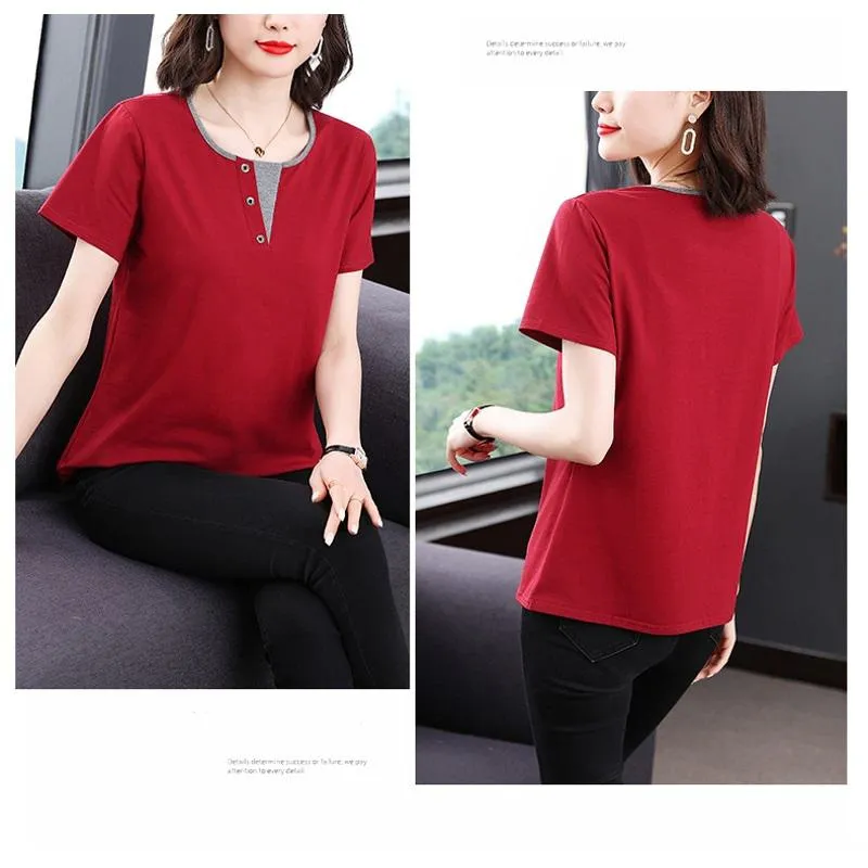 Faux Two-Piece Anti-Aging Loose Fit Pure Cotton Notched Neck Short Sleeve Tee