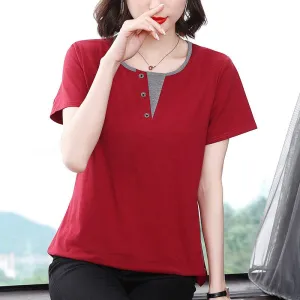 Faux Two-Piece Anti-Aging Loose Fit Pure Cotton Notched Neck Short Sleeve Tee