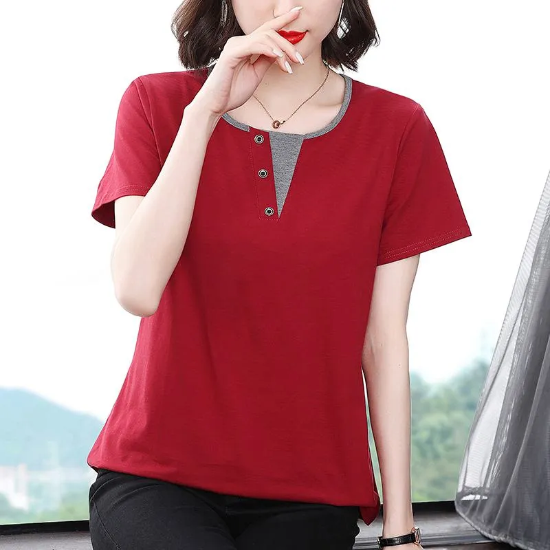 Faux Two-Piece Anti-Aging Loose Fit Pure Cotton Notched Neck Short Sleeve Tee