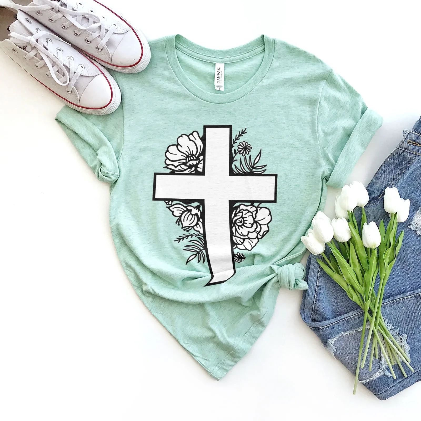 Floral Cross Tee Shirts For Women - Christian Shirts for Women - Religious Tee Shirts