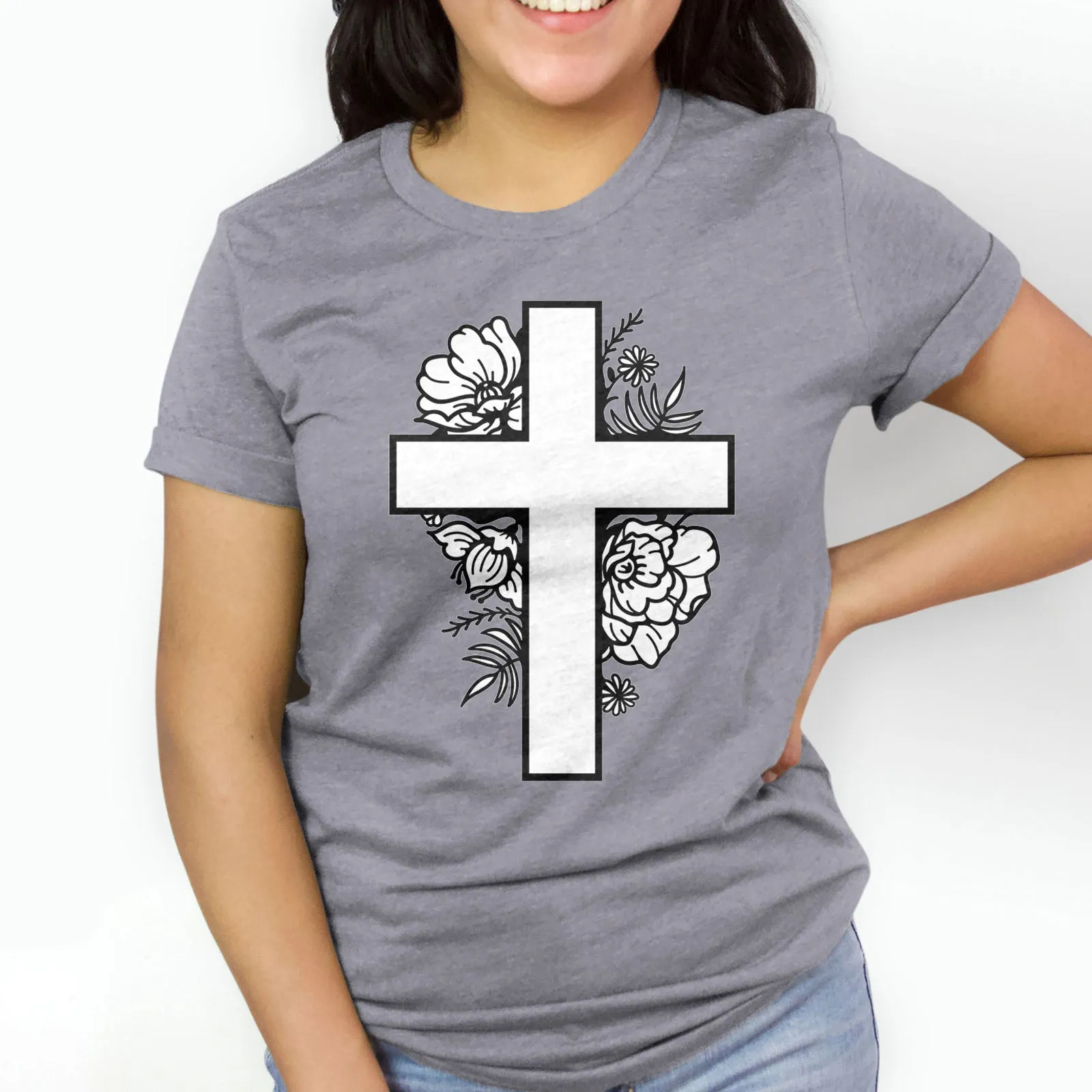 Floral Cross Tee Shirts For Women - Christian Shirts for Women - Religious Tee Shirts