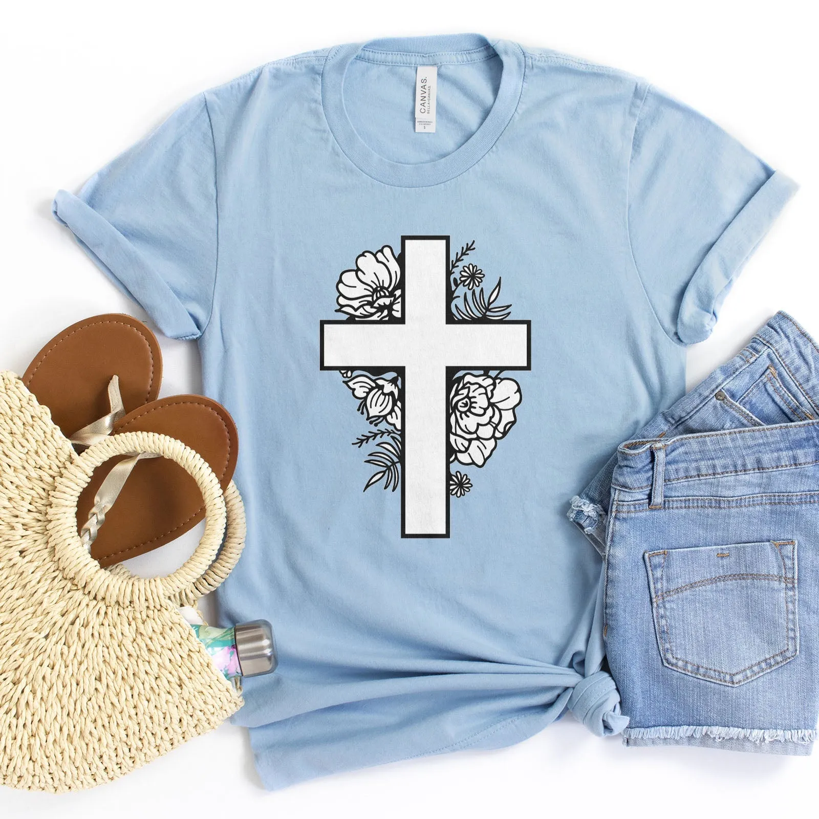 Floral Cross Tee Shirts For Women - Christian Shirts for Women - Religious Tee Shirts