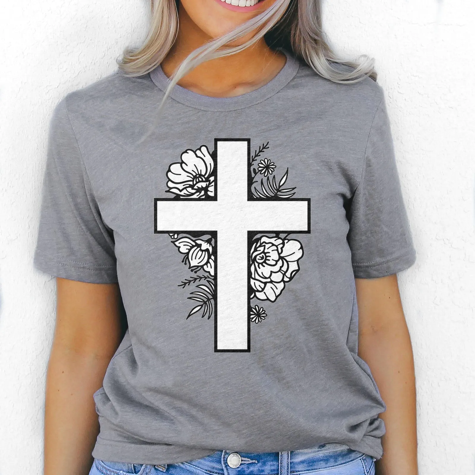 Floral Cross Tee Shirts For Women - Christian Shirts for Women - Religious Tee Shirts