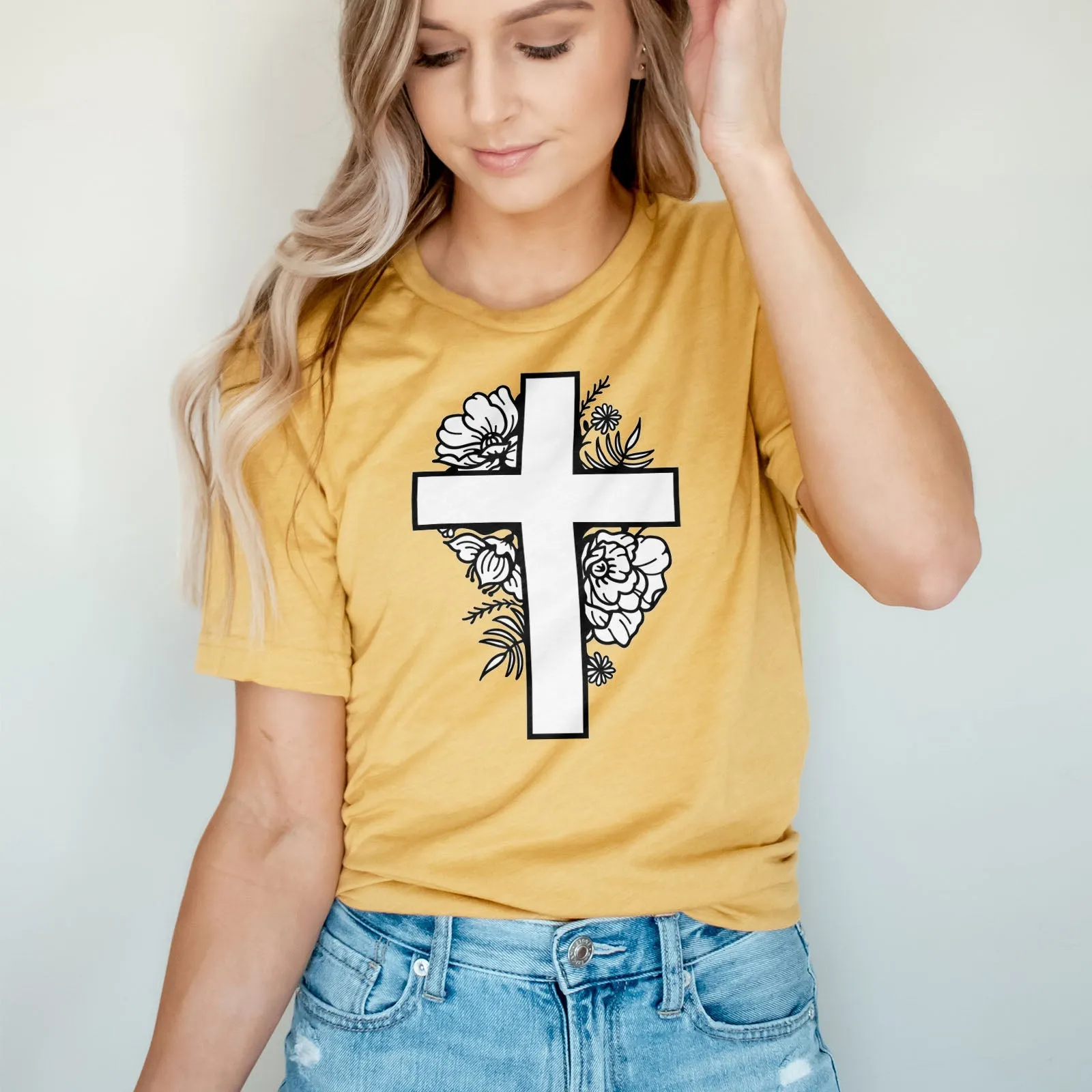 Floral Cross Tee Shirts For Women - Christian Shirts for Women - Religious Tee Shirts