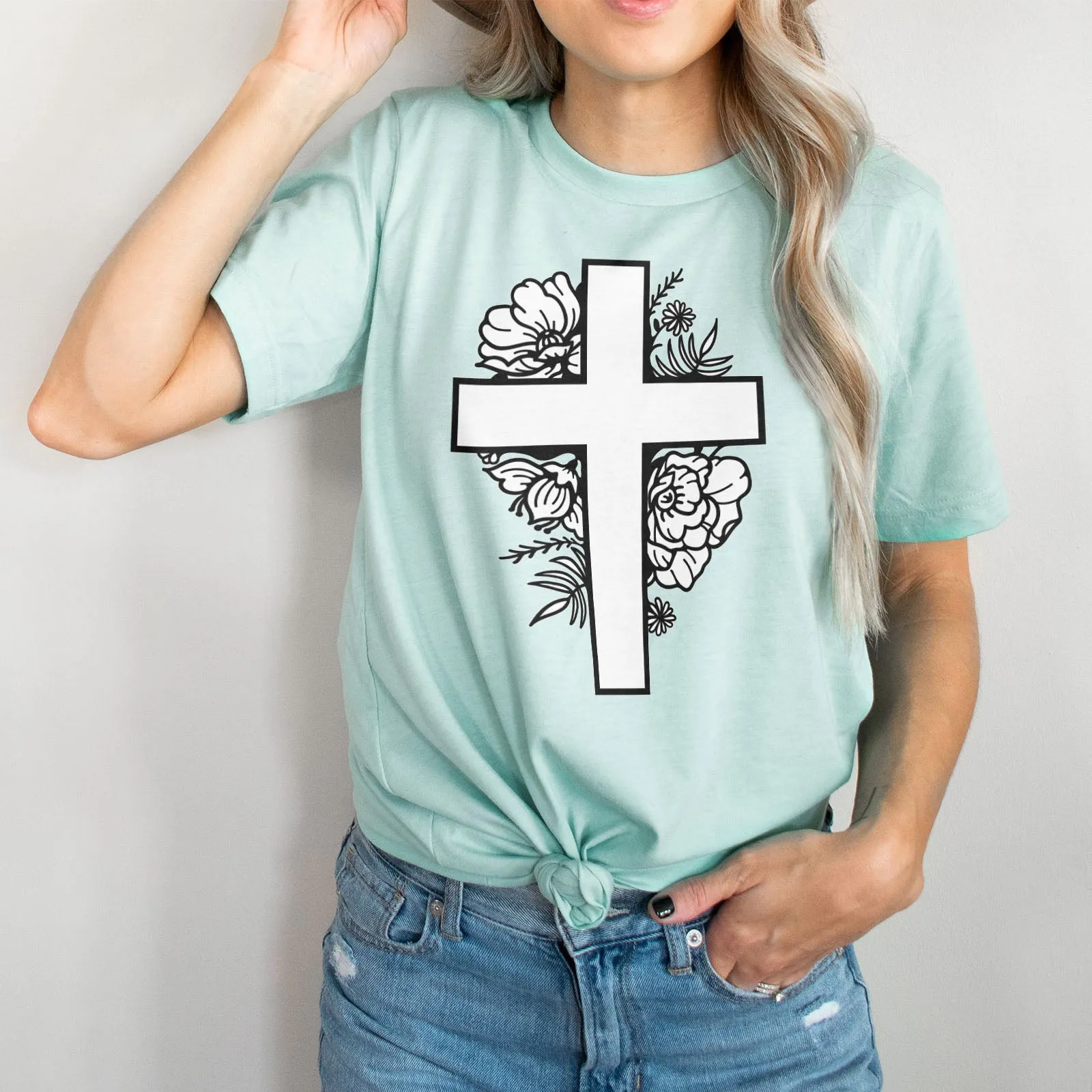 Floral Cross Tee Shirts For Women - Christian Shirts for Women - Religious Tee Shirts