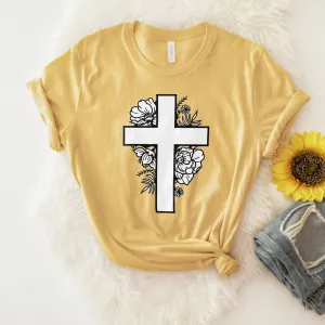 Floral Cross Tee Shirts For Women - Christian Shirts for Women - Religious Tee Shirts