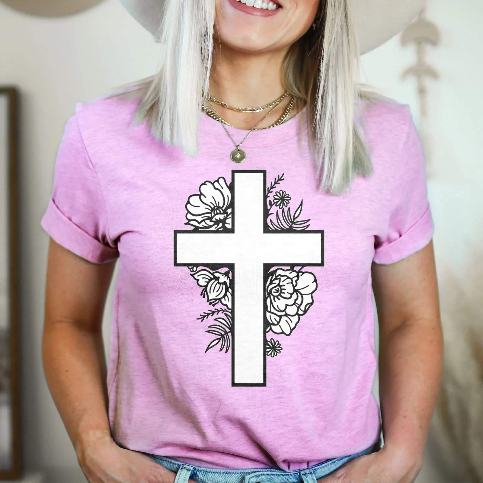 Floral Cross Tee Shirts For Women - Christian Shirts for Women - Religious Tee Shirts