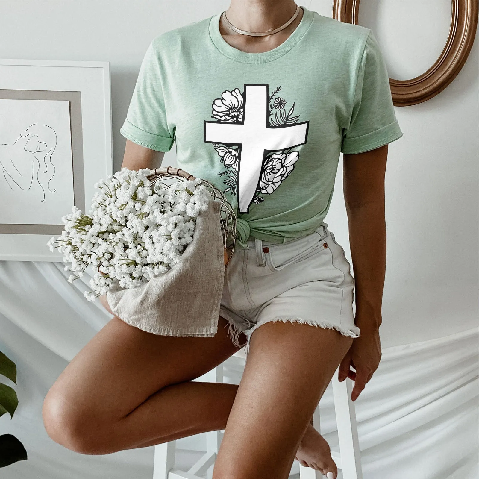 Floral Cross Tee Shirts For Women - Christian Shirts for Women - Religious Tee Shirts