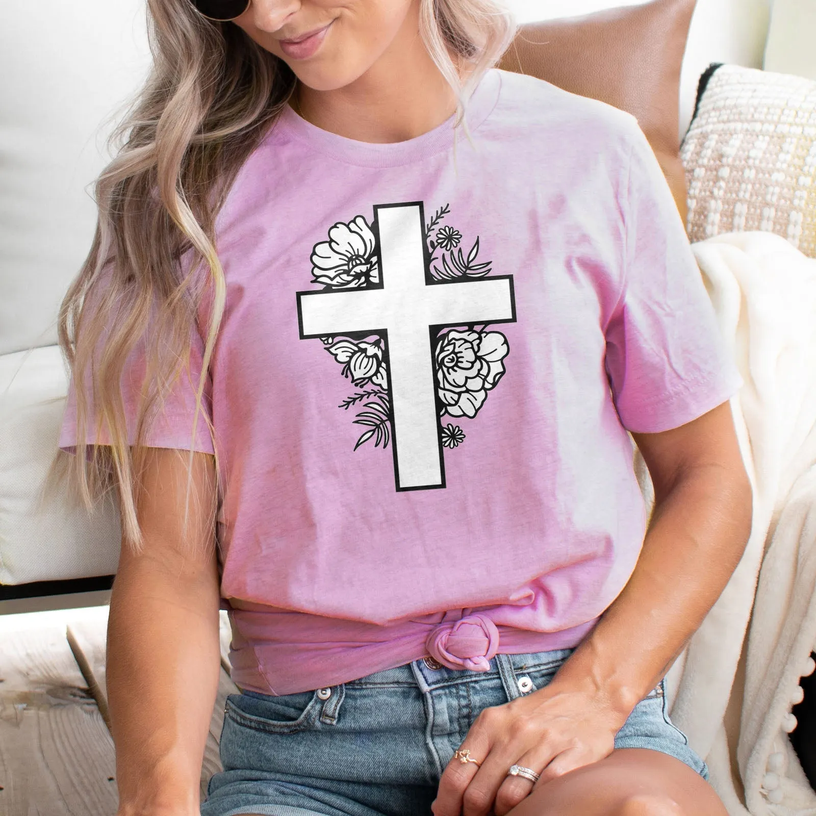 Floral Cross Tee Shirts For Women - Christian Shirts for Women - Religious Tee Shirts