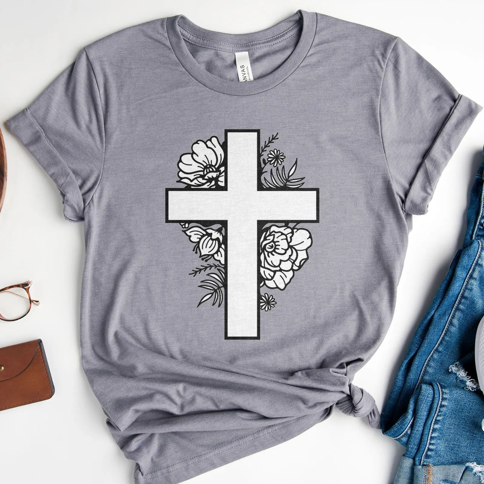 Floral Cross Tee Shirts For Women - Christian Shirts for Women - Religious Tee Shirts