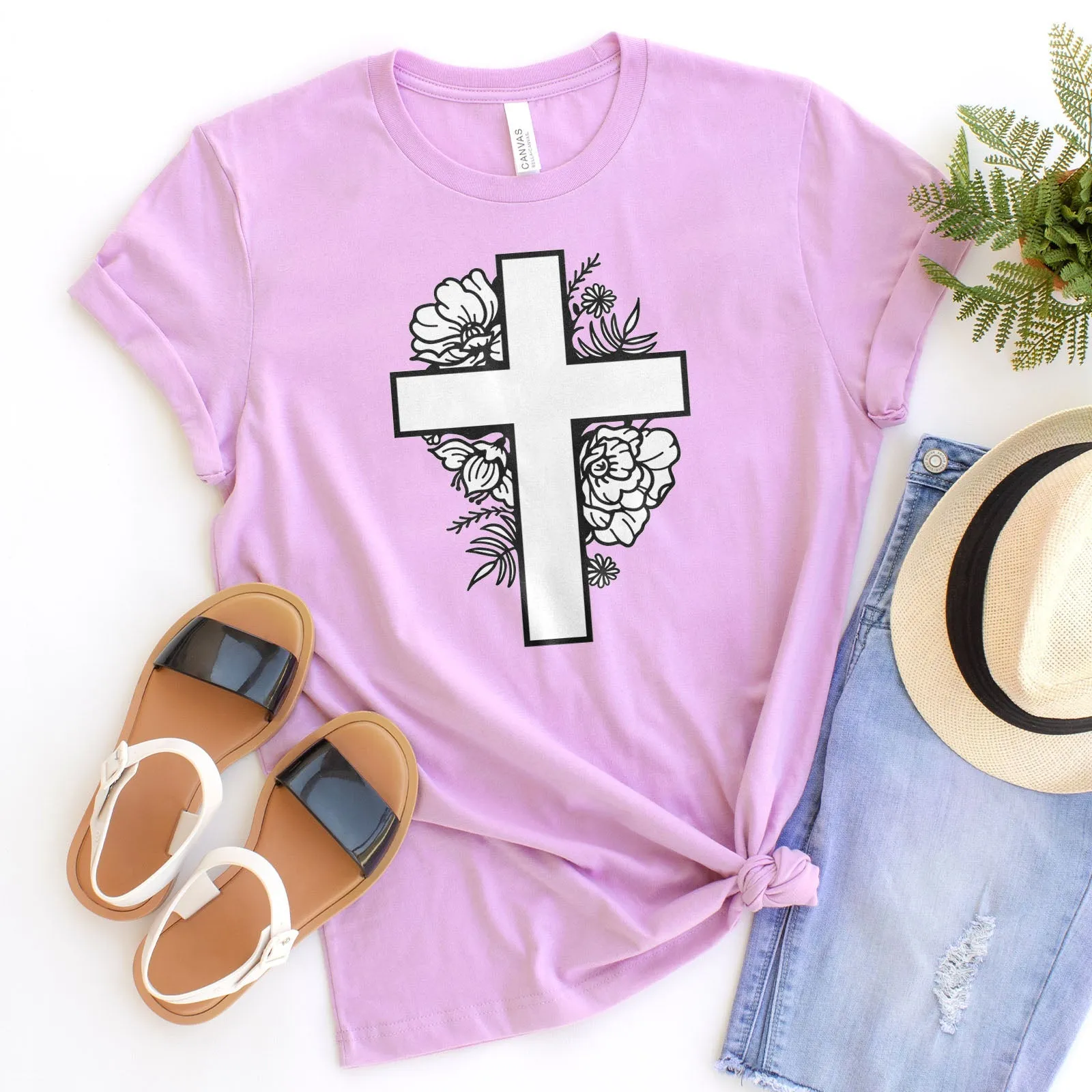 Floral Cross Tee Shirts For Women - Christian Shirts for Women - Religious Tee Shirts