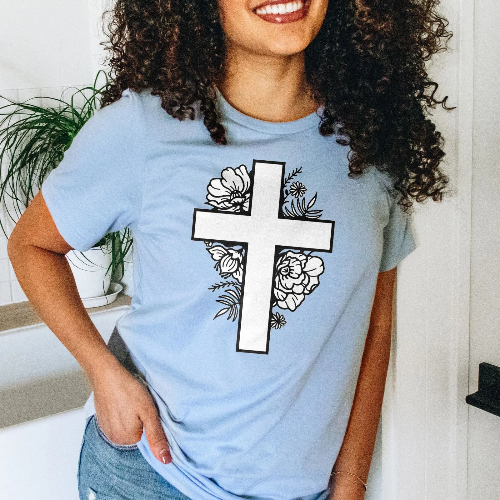 Floral Cross Tee Shirts For Women - Christian Shirts for Women - Religious Tee Shirts