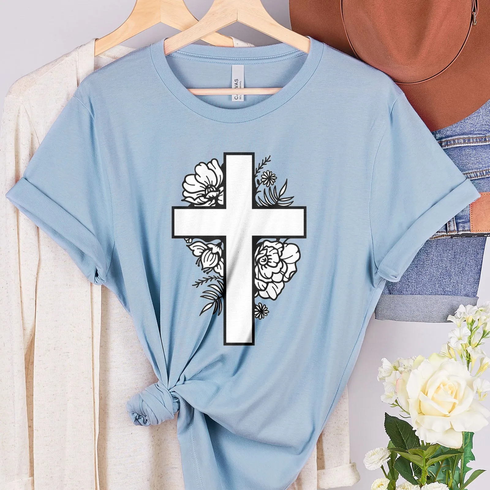 Floral Cross Tee Shirts For Women - Christian Shirts for Women - Religious Tee Shirts