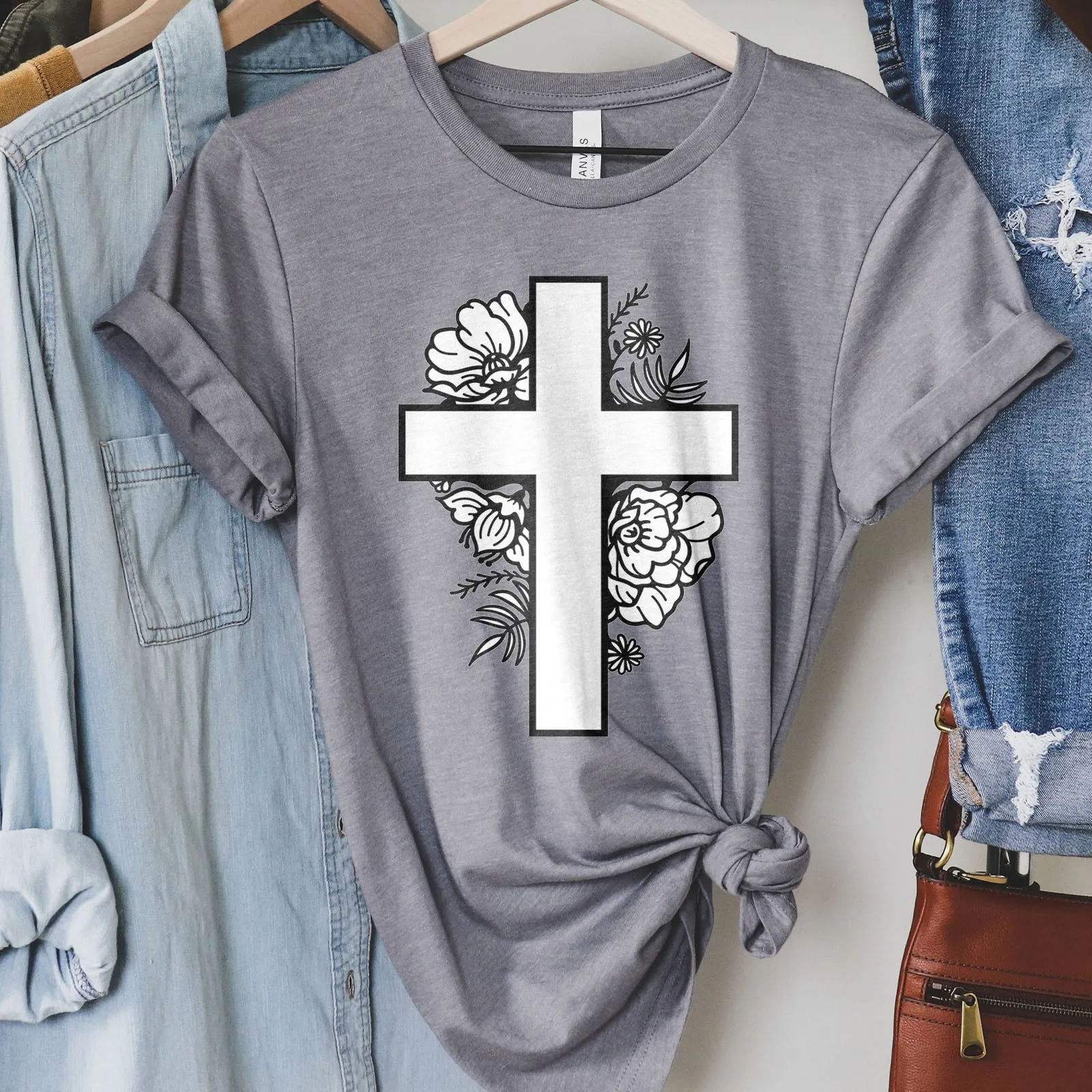 Floral Cross Tee Shirts For Women - Christian Shirts for Women - Religious Tee Shirts