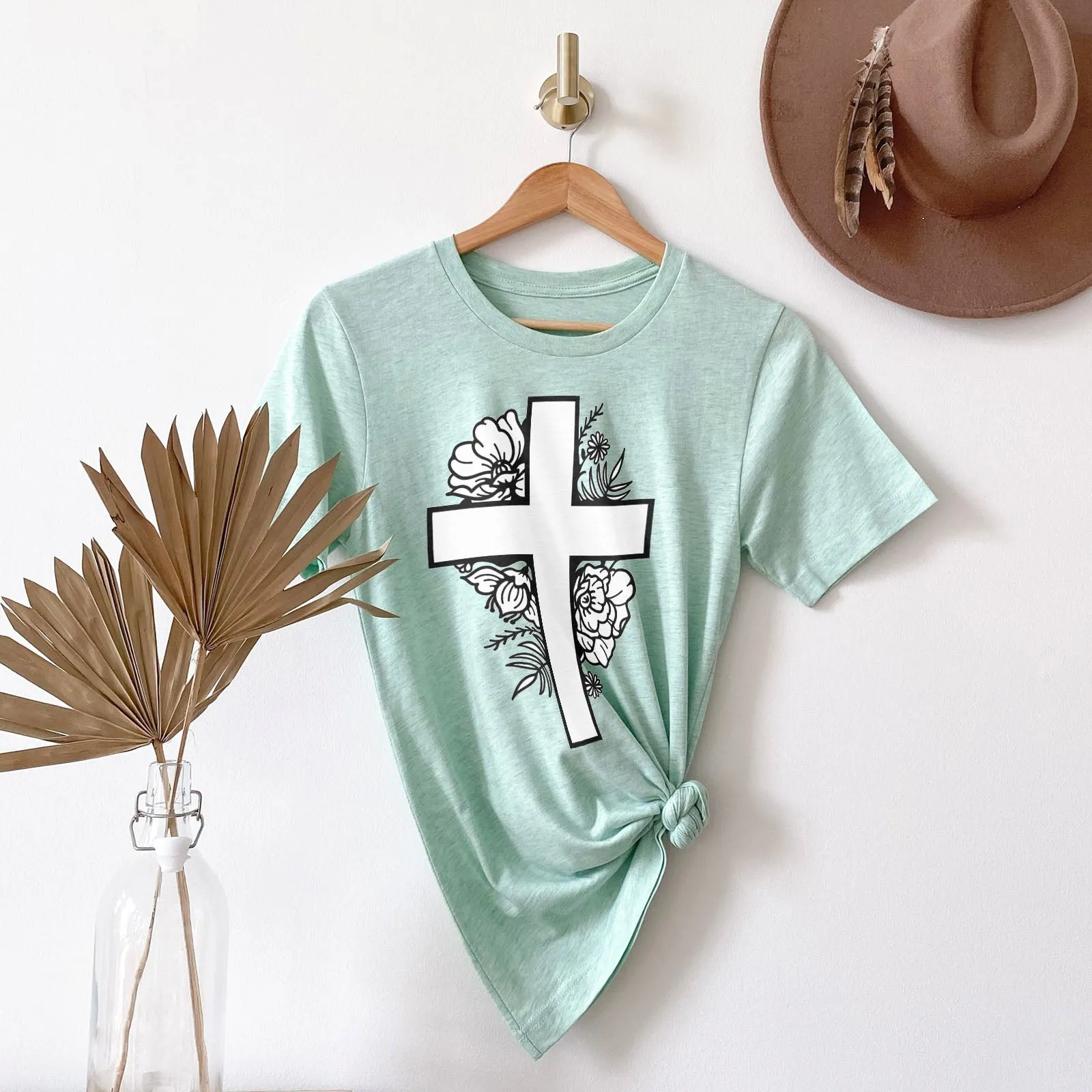 Floral Cross Tee Shirts For Women - Christian Shirts for Women - Religious Tee Shirts