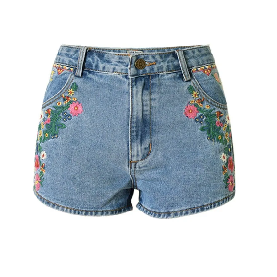 Flower Embroidered Shorts Jeans Women Vintage Style High Waist Shorts