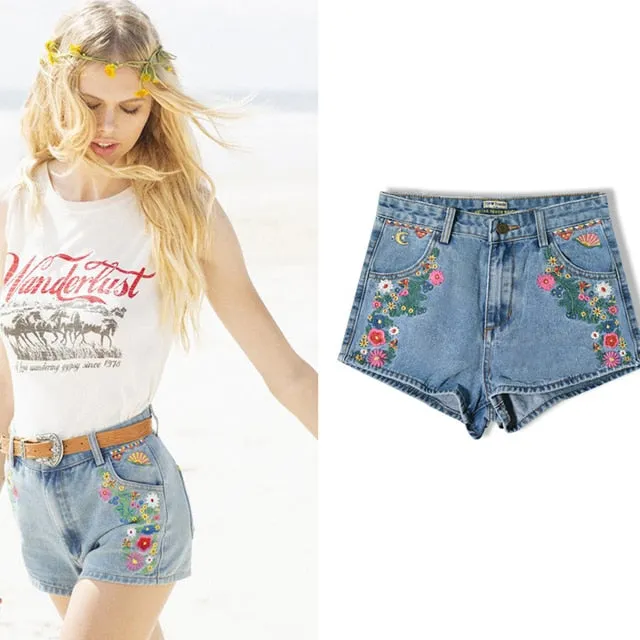 Flower Embroidered Shorts Jeans Women Vintage Style High Waist Shorts