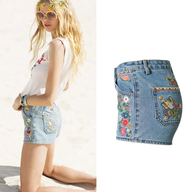 Flower Embroidered Shorts Jeans Women Vintage Style High Waist Shorts