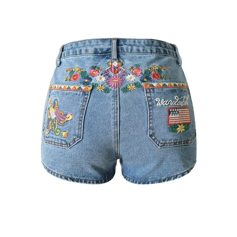 Flower Embroidered Shorts Jeans Women Vintage Style High Waist Shorts