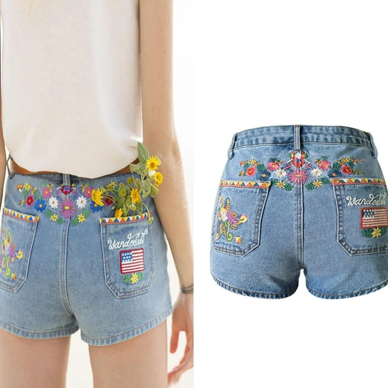 Flower Embroidered Shorts Jeans Women Vintage Style High Waist Shorts