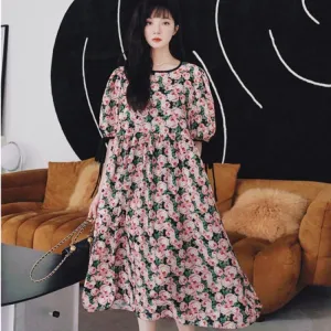 French Style Floral Print Chic Fat Covering Long Style Gentle Niche Casual Fashion Dress