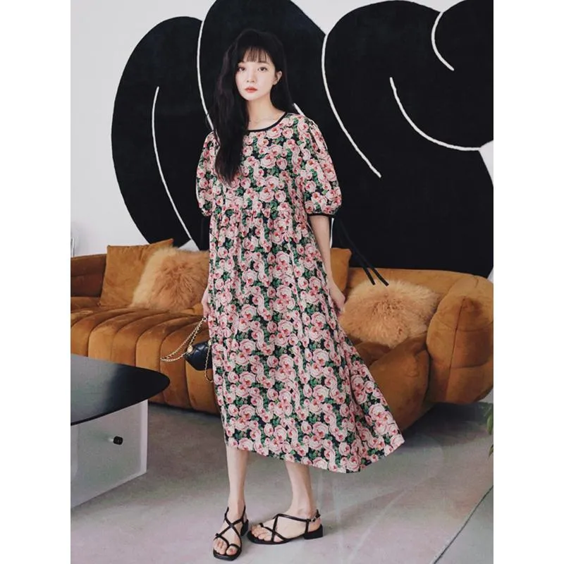 French Style Floral Print Chic Fat Covering Long Style Gentle Niche Casual Fashion Dress