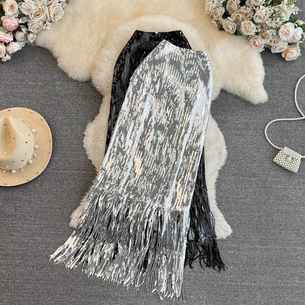 glitter elastic mid-length tassel skirt for women     S4070