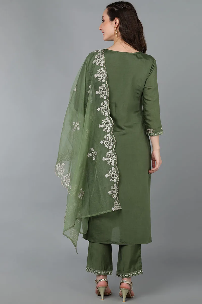 Green Silk Blend Ethnic Motifs Straight Kurta Trousers With Dupatta