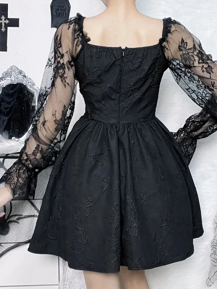 Grunge Sexy Waist Gothic Party A-Line Lolita Sleeve Jacquard Harajuku Lace Dark Vintage High Frock