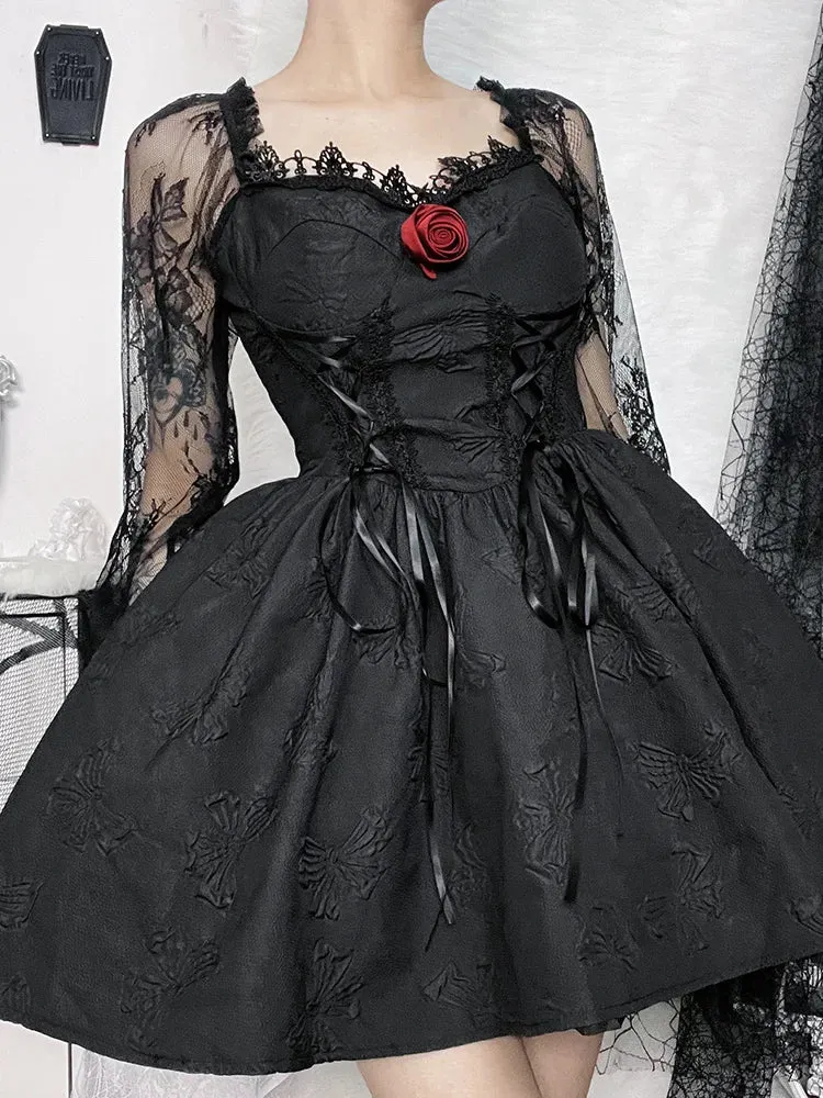 Grunge Sexy Waist Gothic Party A-Line Lolita Sleeve Jacquard Harajuku Lace Dark Vintage High Frock