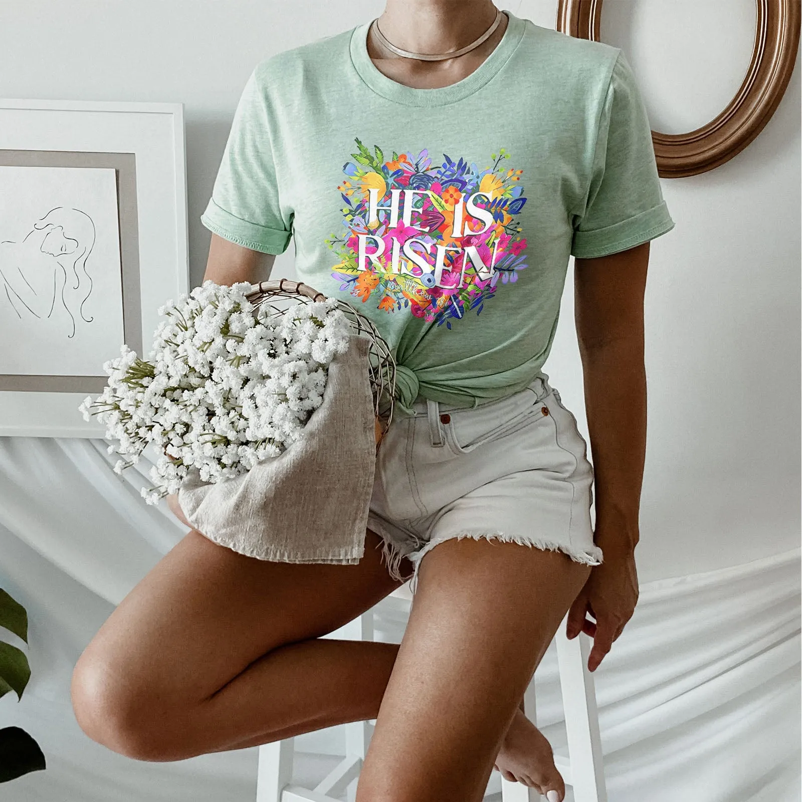 He Is Risen Bright Easter Flowers Tee Shirts For Women - Christian Easter T Shirts