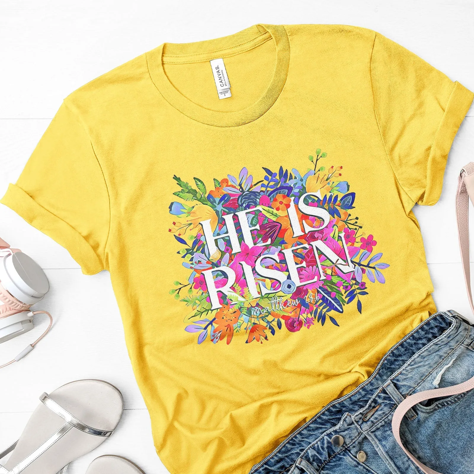 He Is Risen Bright Easter Flowers Tee Shirts For Women - Christian Easter T Shirts