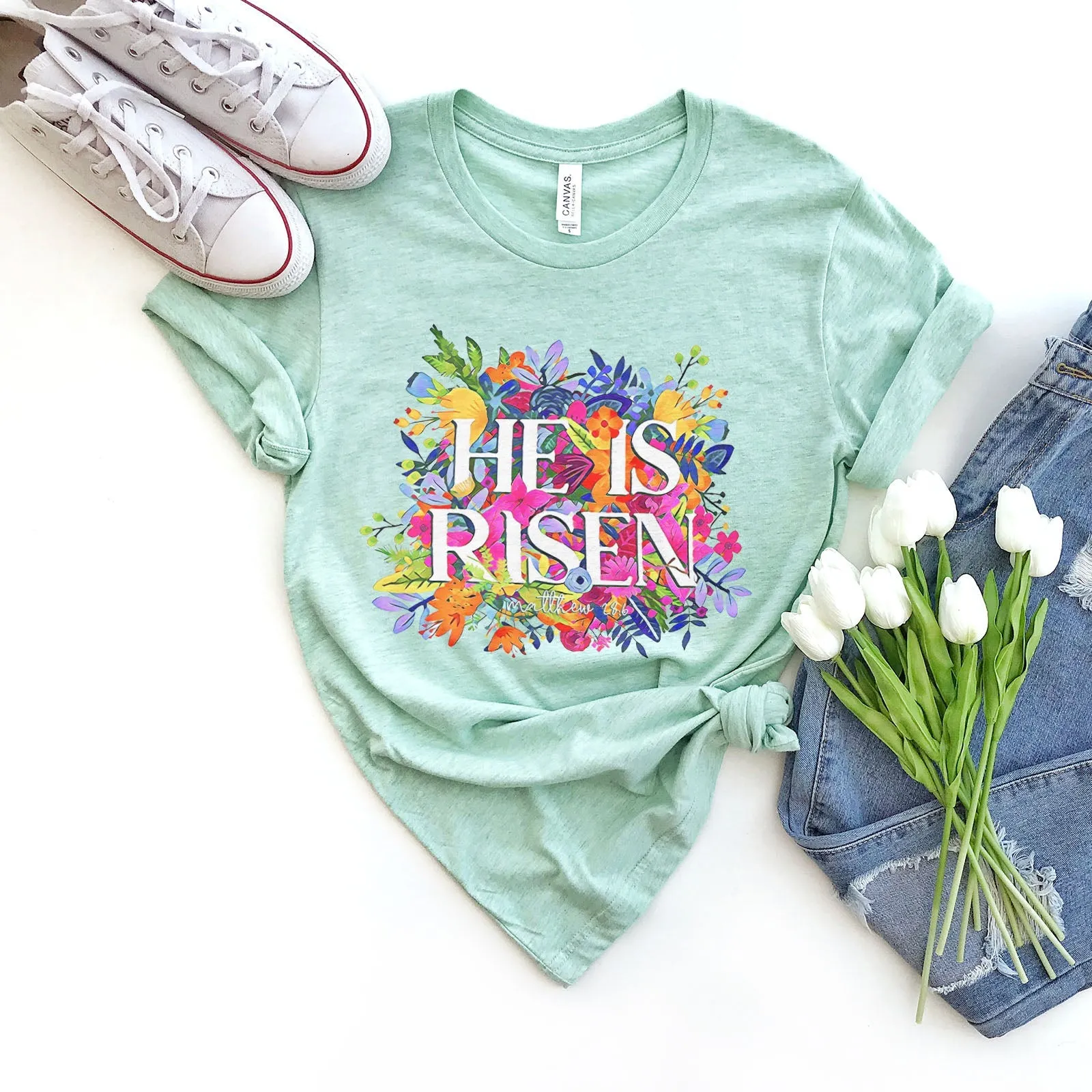 He Is Risen Bright Easter Flowers Tee Shirts For Women - Christian Easter T Shirts