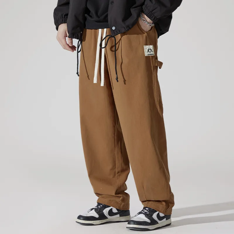 Label Detail Wide-Leg Drawstring Waist Loose-Fit Cargo Pants