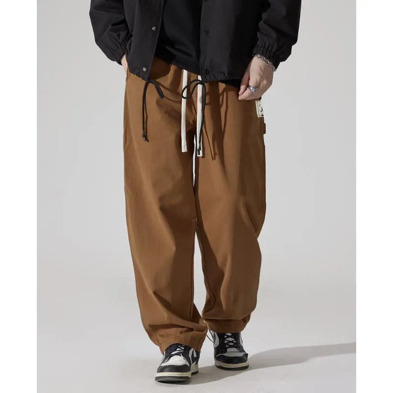 Label Detail Wide-Leg Drawstring Waist Loose-Fit Cargo Pants