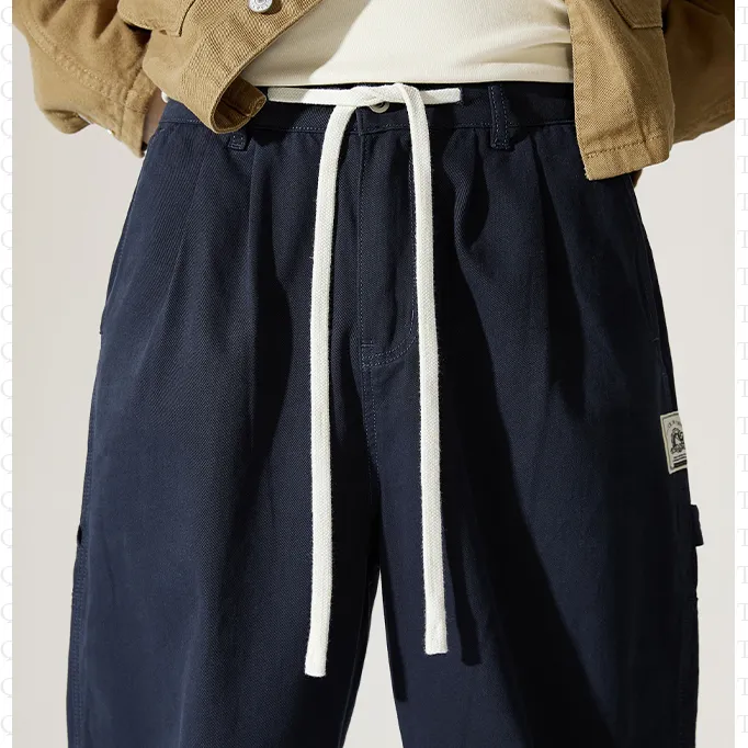 Label Detail Wide-Leg Drawstring Waist Loose-Fit Cargo Pants