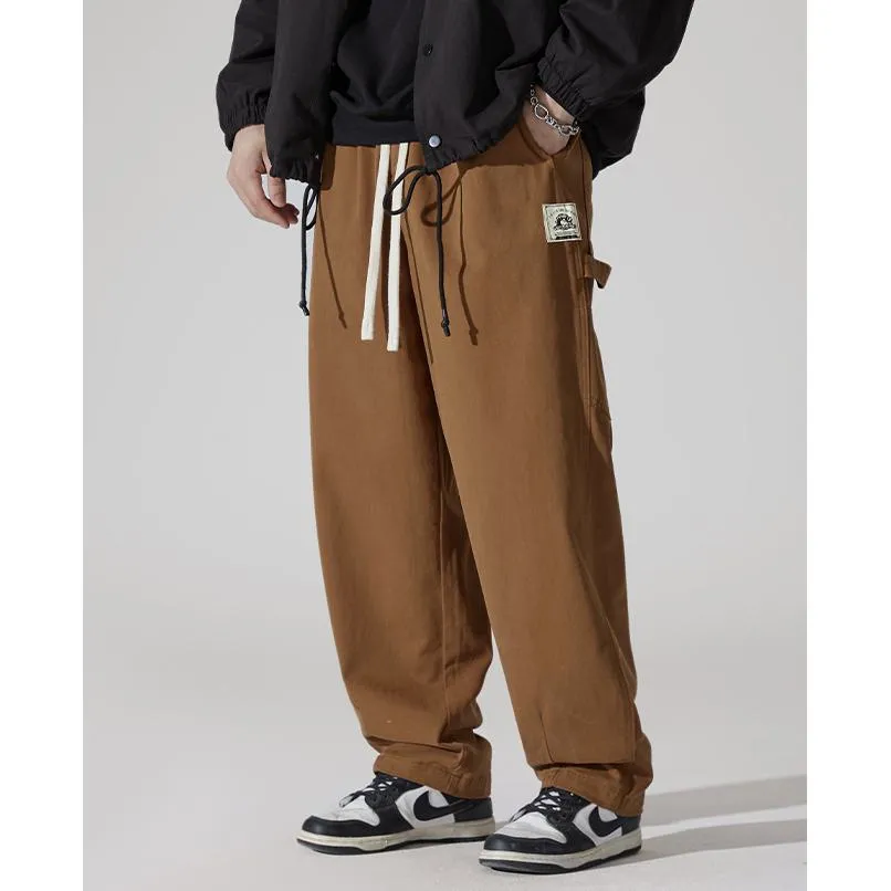 Label Detail Wide-Leg Drawstring Waist Loose-Fit Cargo Pants