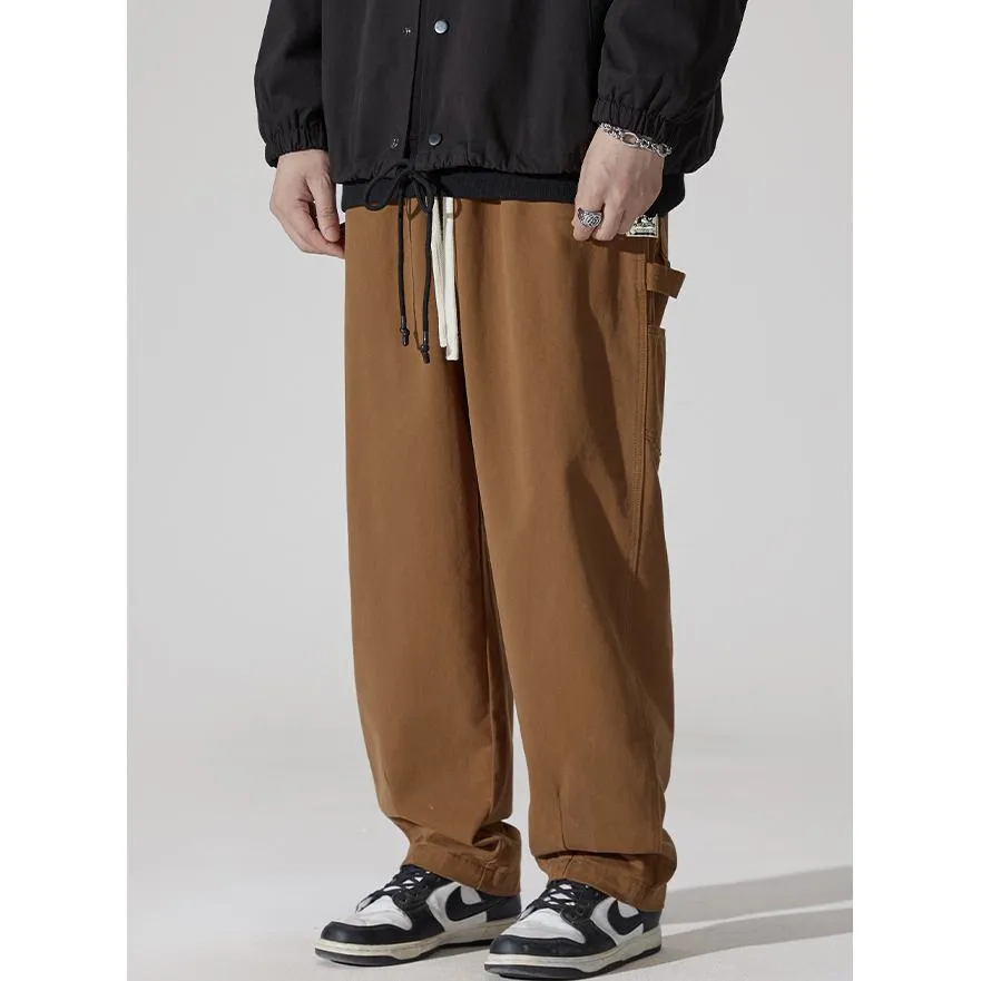 Label Detail Wide-Leg Drawstring Waist Loose-Fit Cargo Pants