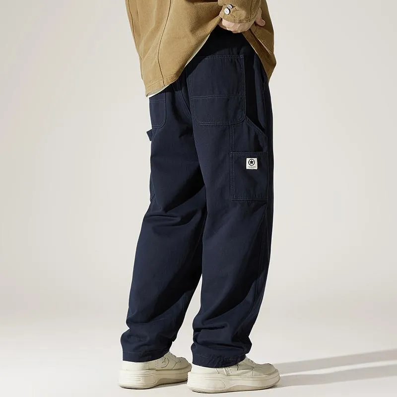 Label Detail Wide-Leg Drawstring Waist Loose-Fit Cargo Pants