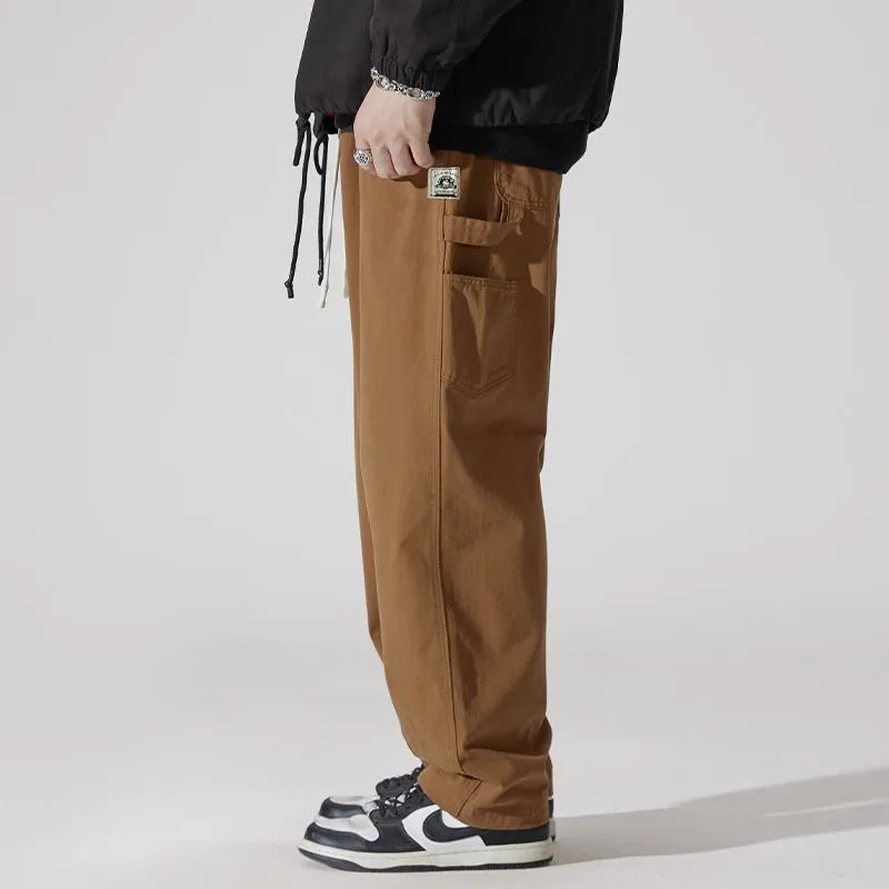 Label Detail Wide-Leg Drawstring Waist Loose-Fit Cargo Pants