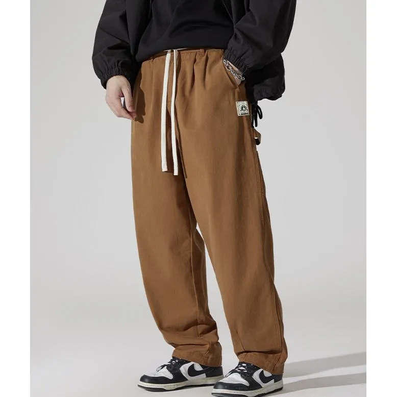 Label Detail Wide-Leg Drawstring Waist Loose-Fit Cargo Pants