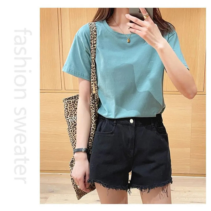 Loose Fit Versatile Regular Shoulder Round Neck Solid Color Short Sleeve Tee