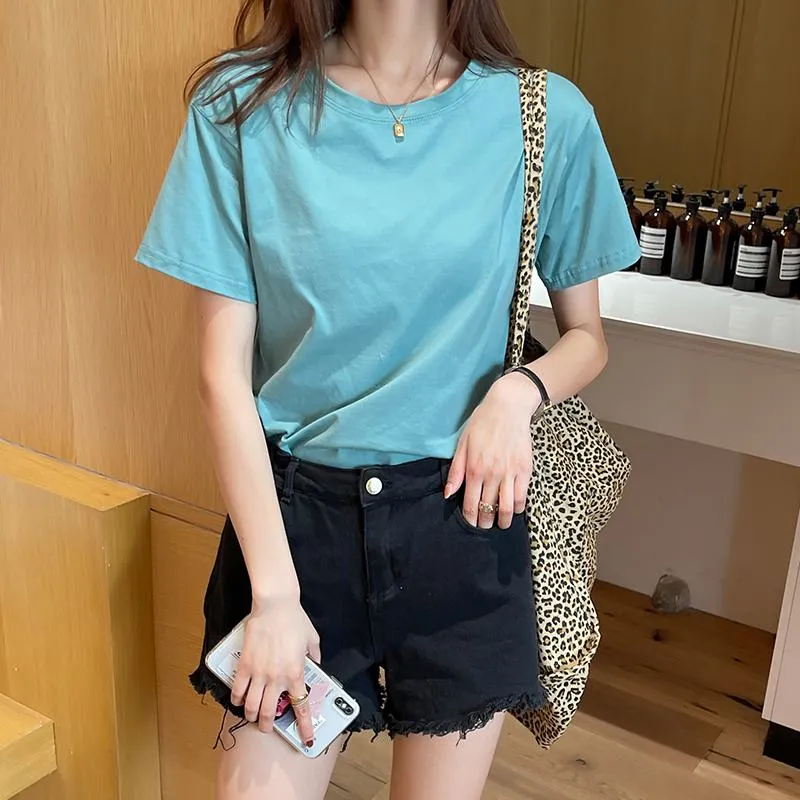 Loose Fit Versatile Regular Shoulder Round Neck Solid Color Short Sleeve Tee