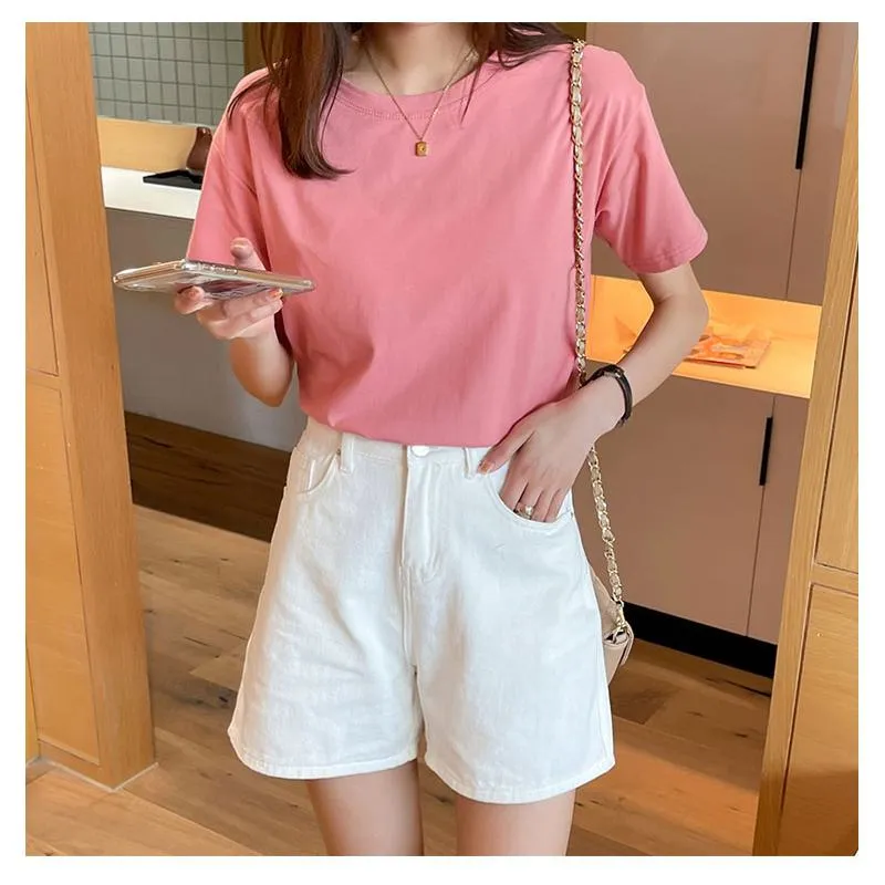 Loose Fit Versatile Regular Shoulder Round Neck Solid Color Short Sleeve Tee